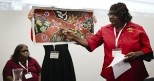 Elders Marjorie Williams and Jennifer Inkamala co-presenting with Margaret James at the Puliima conference in Melbourne.